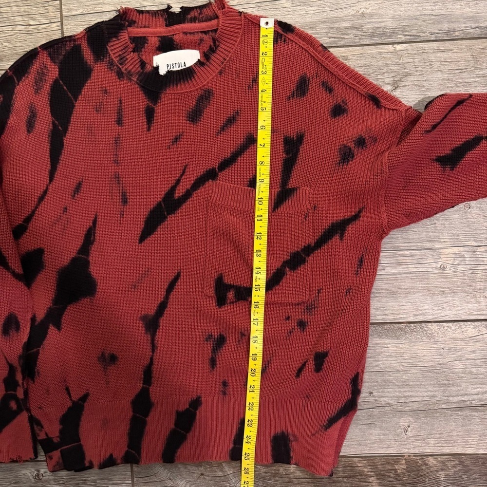 Pistola Red Black Tie Dye Knit Sweater Pullover Long Sleeve Crew Neck Pocket S - Picture 9 of 10